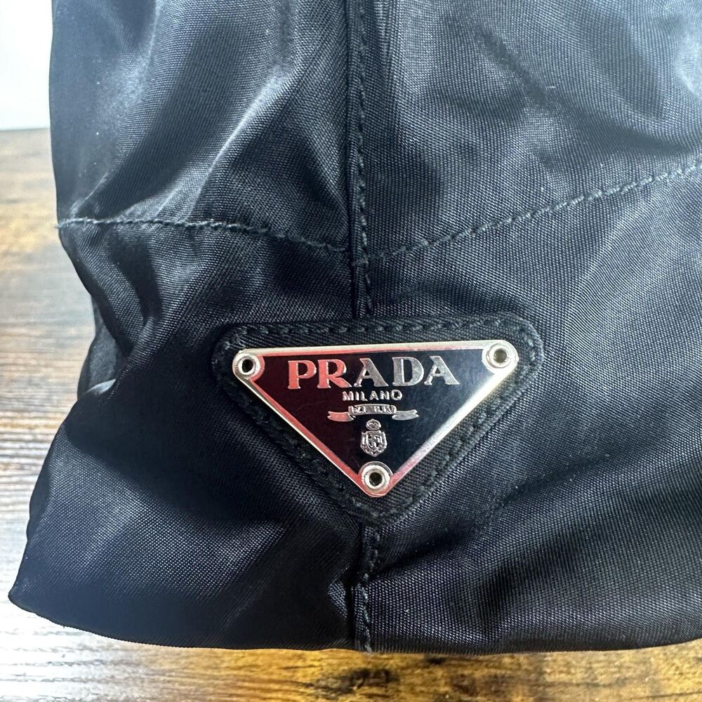 Prada Tessuto Nylon Shoulder Bag Medium Black Leather Strap Italy Logo Hardware - Picture 14 of 16